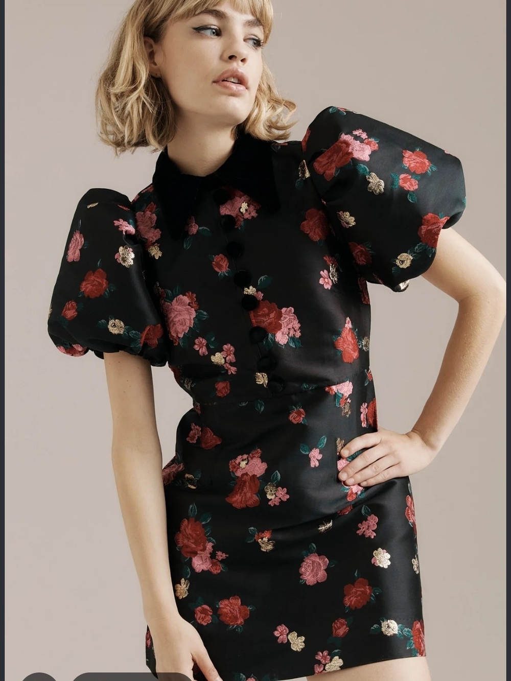 *New* Anthropologie Queens Of Archive Black Floral Puff-Sleeve Mini Dress Sz S